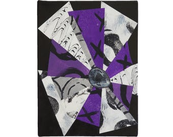 Emerging from the Void #5, 6"x8", collage papers - monoprinted in white, grey, black and purple; acrylic paint - black; stretched canvas
