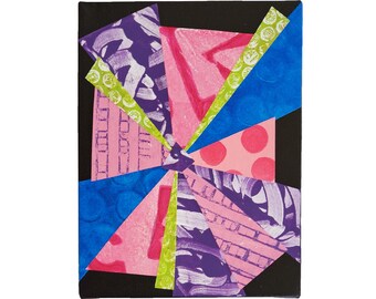 Emerging from the Void #1, 6"x8", collage papers-monoprinted in pink, purple, blue and bright green; acrylic paint - black; stretched canvas