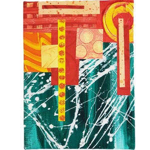 Cosmic Structure #5, 6&quot;x8&quot;, acrylic paint - green and white; collage papers - monoprinted yellow, orange and red; stretched canvas