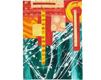 Cosmic Structure #5, 6"x8", acrylic paint - green and white; collage papers - monoprinted yellow, orange and red; stretched canvas