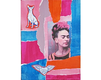 Mixed Media Collage "Frida" acrylic paint: medium pink, collage papers in light pink, orange, light purple and blue, stretched canvas