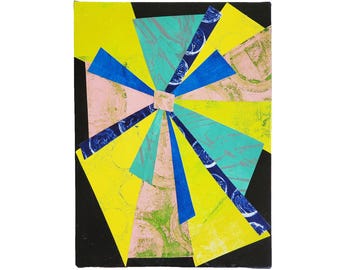 Emerging from the Void #4, 6"x8",collage papers-monoprinted in yellow, pink, blue, turquoise & green; acrylic paint-black; stretched canvas