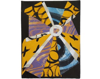 Emerging from the Void #6, 6"x8", collage papers - muted yellow, purple, blue, beige, white and black; acrylic paint-black; stretched canvas