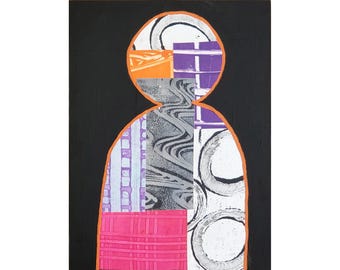 Abstract Person #1, 6"x8", collage papers and acrylic paint on wood panel