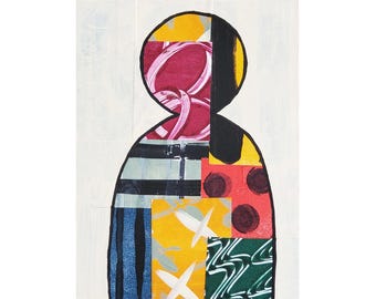 Abstract Person #3, 6"x8",  collage papers and acrylic paint on wood panel