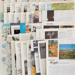 May include: A collection of vintage ephemera, including maps, illustrations, and text excerpts. The assortment features pages with the words "AUTOMO", "SAFETY", "SCULPTURE", and "INDIANA". The color palette includes beige, blue, and green.