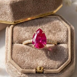 14ct Gold Pear Cut Ruby Engagement Ring, Teardrop Pink Sapphire Ring for Women, Lab Created Ruby Wedding Ring, Dainty Anniversary Gift