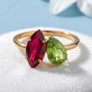 14K Gold Toi et Moi Ring Marquise Ruby Pear Peridot Two Stone Ring Personalized Birthstone Ring For Women Promise Ring Anniversary Gift