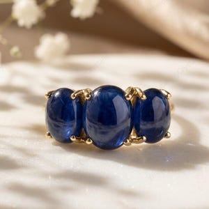 Natural Blue Sapphire Cabochon Ring in 14K Gold, Oval Cut Three Stone Blue Gemstone Ring, September Birthstone Jewelry, Unique Gift for Her
