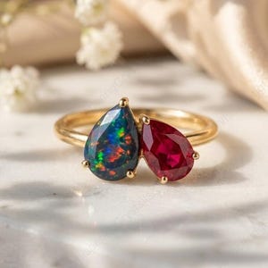 Pear Black Opal and Ruby Toi et Moi Ring in 14K Gold, Two Stone Pear Shaped Wedding Ring, Unique Anniversary Gift for Her, Two Gemstone Ring
