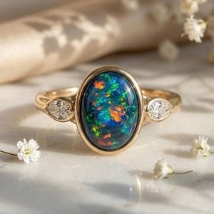 Black Opal Ring, 14k Gold Australian Opal Engagement Ring, Pear Diamond Three Stone Ring, Oval Dark Opal Jewelry, Dainty Anniversary Gift