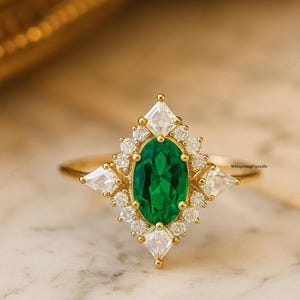 Art-Deco-Cluster-Hochzeitsring mit Smaragd und Diamant, Art-Deco-Hochzeit, elegantes Statement-Verlobungsgeschenk für sie, Ring im Ovalschliff