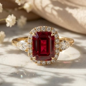 Emerald Cut rode robijn verlovingsring 14K goud, vintage halo trouwring voor vrouwen, lab gemaakt robijn jubileumring, peer kant steen cadeau