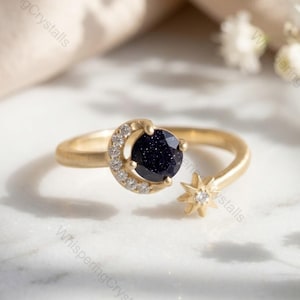 Anillo de estrella con luna creciente en arenisca azul, anillo de galaxia celestial de oro de 14k, joyería de fases lunares en arenisca azul, regalo estelar para aniversario nupcial