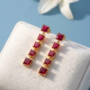 Ruby Drop Earrings Gold, Princess Cut Red Gemstone Dangle Earrings, Square Ruby Line Earrings, Christmas Gift for Her, Anniversary Jewelry