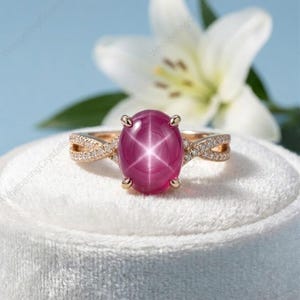 14K Gold Star Ruby Sapphire Ring, Dainty Oval Pink Gemstone Engagement Ring for Her, Protective and Healing Stone, Unique Anniversary Gift