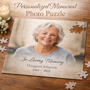 May include: A personalised memorial photo puzzle showing a smiling woman wearing a pearl necklace. The puzzle includes the text "In Loving Memory" and the name "Margaret Johnson" with the years 1943-2021. The words "Personalised Memorial Photo Puzzle" are at the top.