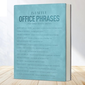 Puede incluir: Un libro de color azul claro con el título 15 USEFUL OFFICE PHRASES (AND THEIR TRANSLATIONS) impreso en azul oscuro. La portada enumera quince frases profesionales comunes seguidas de sus interpretaciones sarcásticas en letra pequeña.