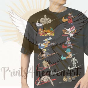 May include: Dark grey t-shirt with anime and cartoon characters incorporated into Nike swoosh designs. The shirt features the text "Prints 4 Heaven Art" and a sunburst and wing graphic.