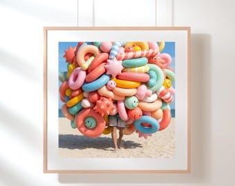 Colorful Beach Print, Retro Pool Floats, Maximalist Summer Wall Art (Digital Download)