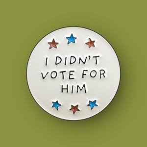 May include: A white circular pin with the text "I DIDN'T VOTE FOR HIM" in black. The pin is decorated with six stars, three brown and three blue, arranged around the text. The background is a solid olive green.