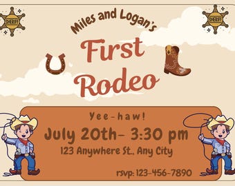 First Rodeo Twins Birthday Invitation Template: Cowboy Theme (Digital Download, Canva Edit
