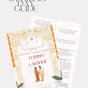 May include: A Tamil wedding day guide card featuring an ornate gold archway, a central illustration of a couple, and the text Harish & Lakshmi. The card includes event details for Sunday, July 20, 2030, at 7 AM, with pink lotus flowers at the bottom.