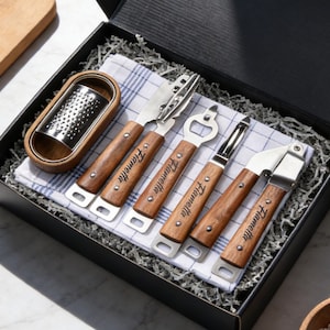 Engraved Kitchen Gadget Gift Set, Wooden Handle Utensils, Cheese Grater, Can Opener, Vegetable Peeler, Housewarming Gift, Kitchen Gift image 1
