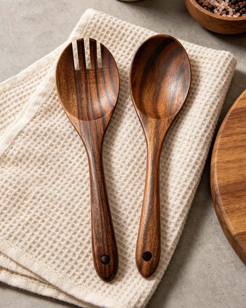 K&ouml;nnte beinhalten: Ein Salatbesteck aus Holz mit Gabel und L&ouml;ffel. Die dunkelbraunen Holzutensilien liegen auf einem cremefarbenen Waffelstoff. Die Gabel hat drei Zinken, und beide Teile haben ein Loch im Griff.