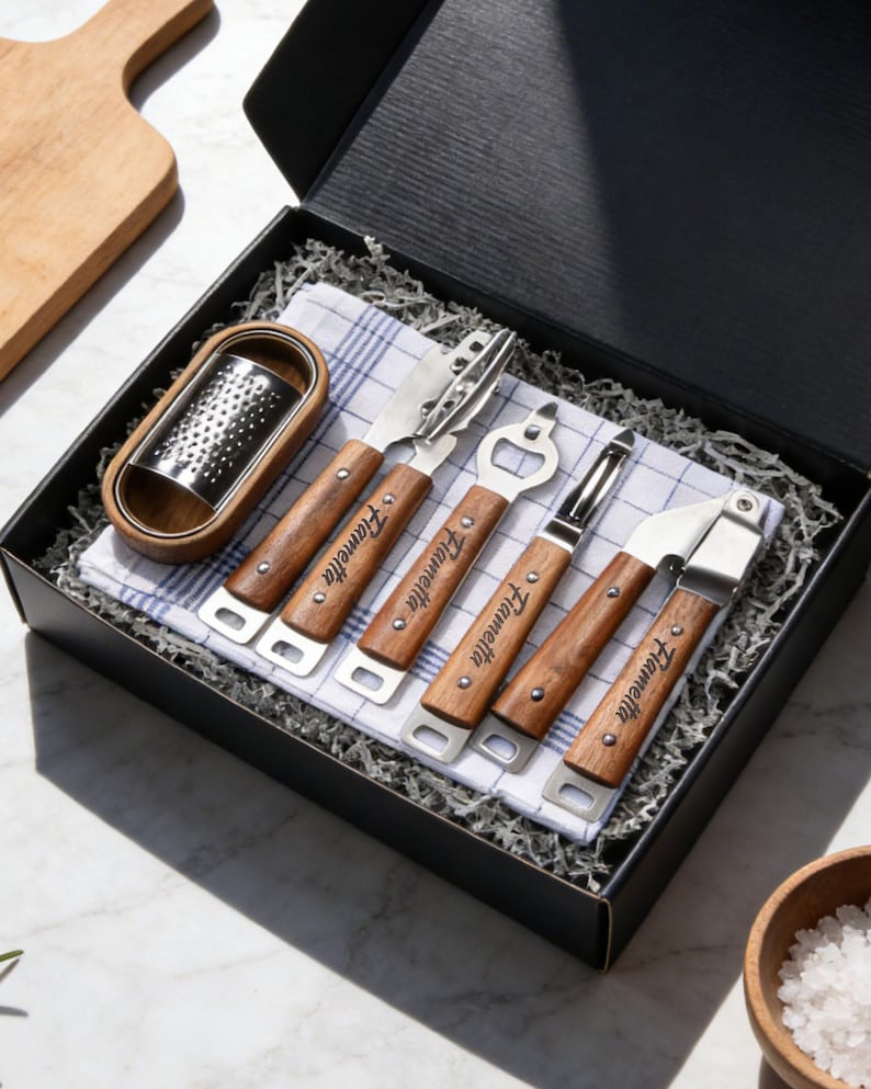 Engraved Kitchen Gadget Gift Set, Wooden Handle Utensils, Cheese Grater, Can Opener, Vegetable Peeler, Housewarming Gift, Kitchen Gift image 1