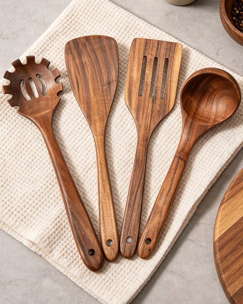 K&ouml;nnte beinhalten: Ein Set aus vier h&ouml;lzernen K&uuml;chenutensilien, darunter ein Schlitzl&ouml;ffel, ein Pfannenwender und eine Sch&ouml;pfkelle, auf einem wei&szlig;en Waffelstoff. Die Utensilien sind aus warmtonigem Holz mit sichtbarer Maserung gefertigt und haben jeweils ein Loch im Griff.