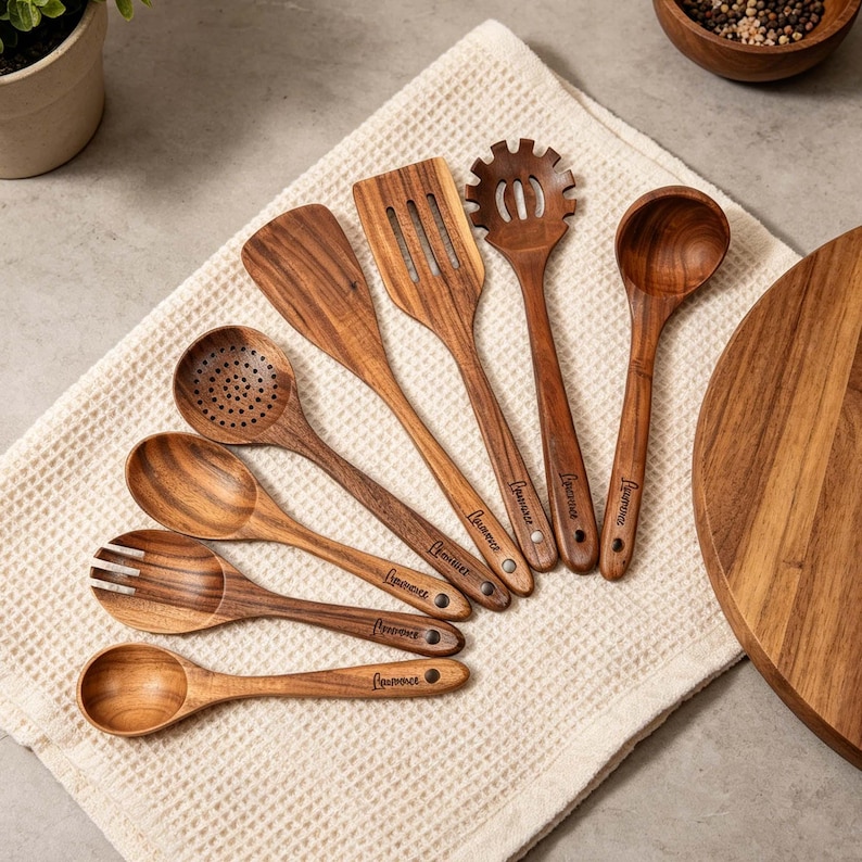 K&ouml;nnte beinhalten: Eine Sammlung von K&uuml;chenutensilien aus Holz, darunter L&ouml;ffel und Pfannenwender, auf einem wei&szlig;en Waffelstoff angeordnet. Die Utensilien sind aus dunklem Holz gefertigt und mit dem Namen "Lawrence" graviert. Ein Holzschneidebrett und eine Sch&uuml;ssel mit Pfefferk&ouml;rnern sind ebenfalls zu sehen.