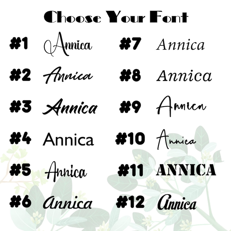 K&ouml;nnte beinhalten: Auf wei&szlig;em Hintergrund werden 12 verschiedene Schriftarten pr&auml;sentiert, die jeweils den Namen "Annica" zeigen. Der Text "Choose Your Font" steht oben. Die Schriftarten variieren im Stil, von eleganter Schreibschrift bis zu fetter serifenloser Schrift.