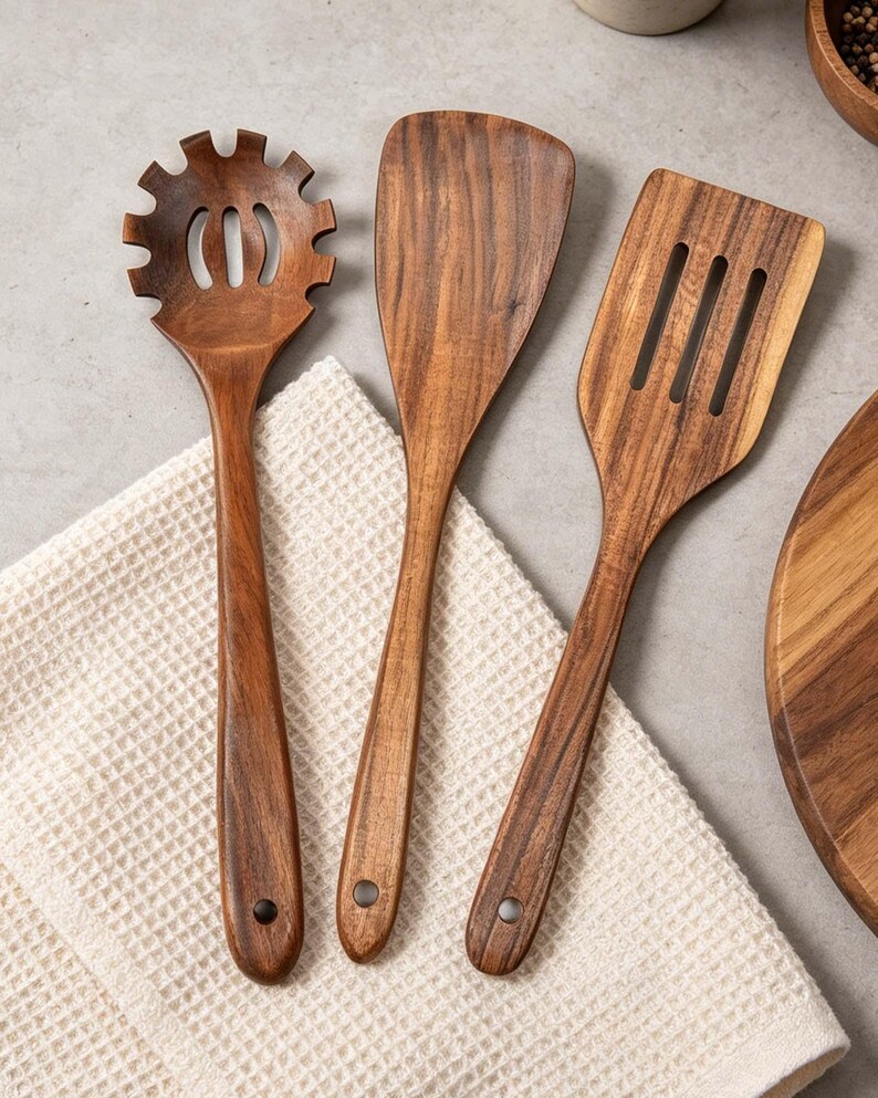 K&ouml;nnte beinhalten: Ein Set aus drei h&ouml;lzernen K&uuml;chenutensilien: ein Nudell&ouml;ffel, ein Pfannenwender und ein Schlitzwender. Die Utensilien bestehen aus dunkelbraunem Holz mit sichtbarer Maserung und haben eine glatte Oberfl&auml;che. Sie liegen auf einem wei&szlig;en Waffel-Tuch.