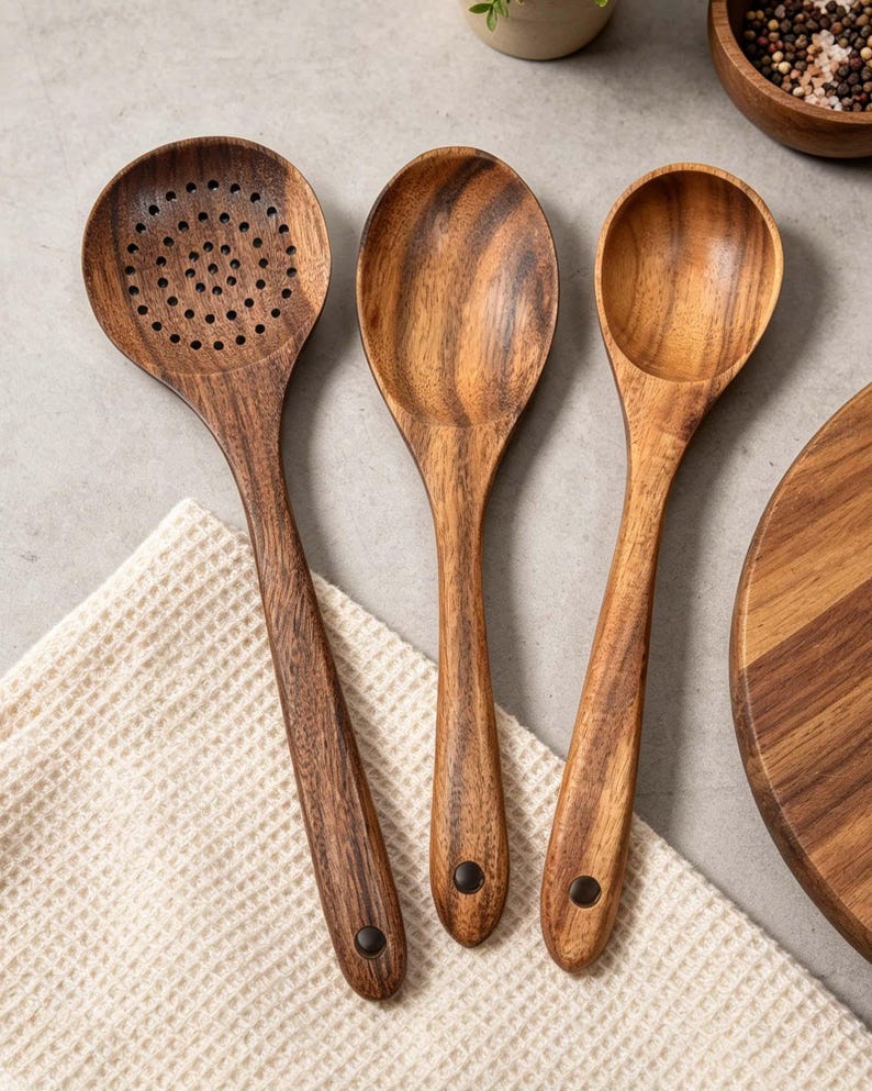 K&ouml;nnte beinhalten: Drei K&uuml;chenutensilien aus Holz: ein Sch&ouml;pfl&ouml;ffel, ein normaler L&ouml;ffel und eine Sch&ouml;pfkelle. Die L&ouml;ffel sind aus dunkelbraunem Holz mit sichtbaren Maserungen gefertigt. Jeder L&ouml;ffel hat einen langen Griff und eine dunkle Niete am Ende des Griffs. Sie liegen auf einem wei&szlig;en Waffelstoff.