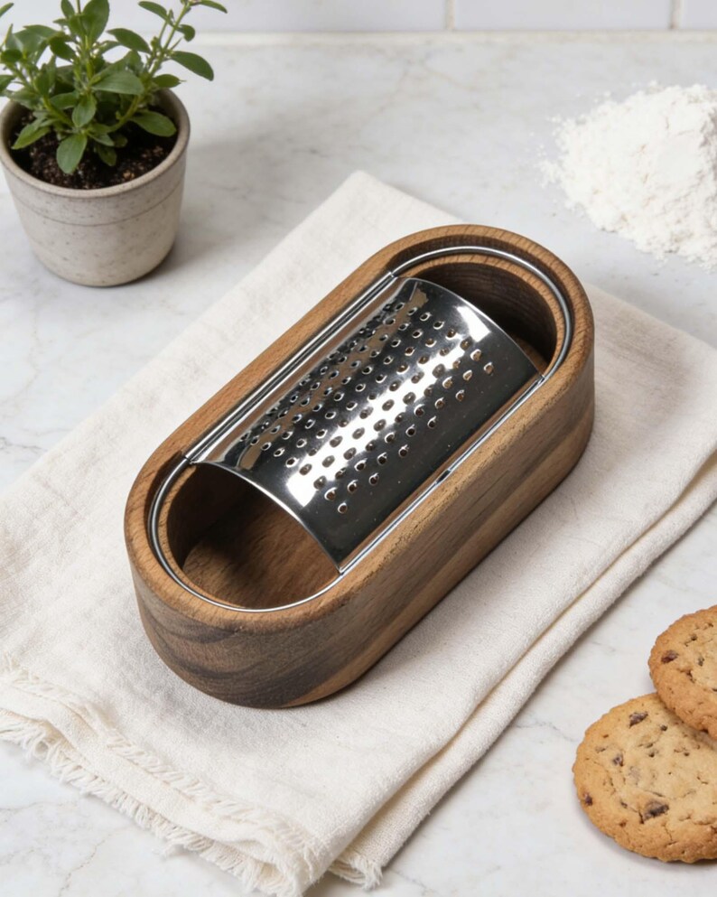 May include: A stainless steel grater with a wooden base, resting on a white cloth. The grater is oval-shaped and features a series of small holes for grating. A small potted plant and cookies are in the background. A kitchen utensil.