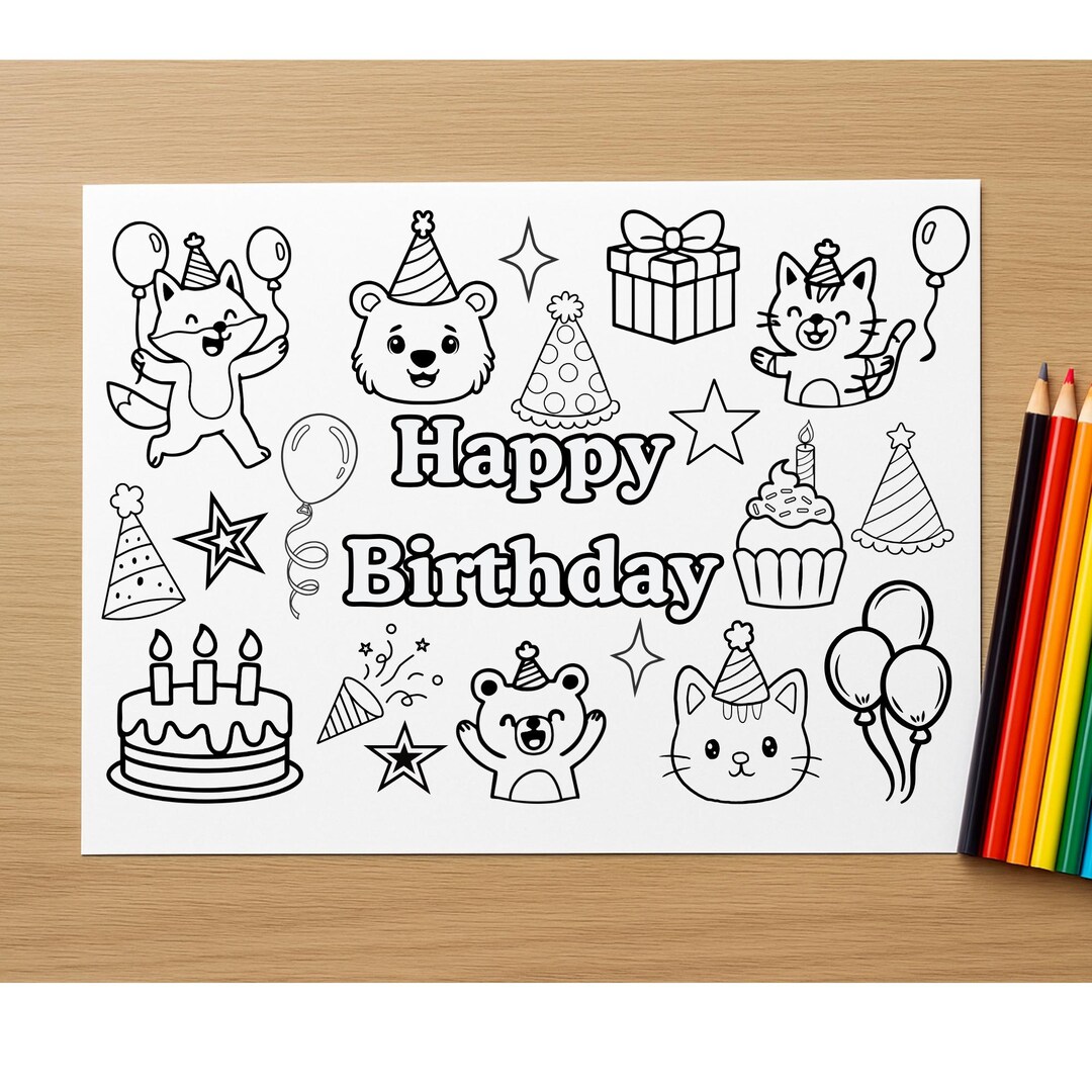 Happy Birthday Coloring Placemat / Poster for Kids | Printable PDF ...