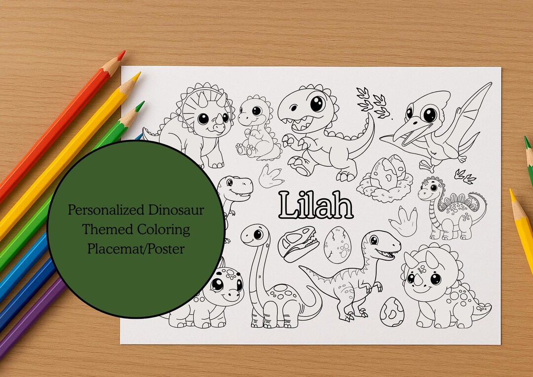 Personalized Dinosaur Coloring Placemat | Custom Name Dinosaur Poster ...