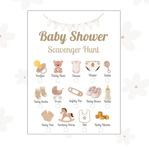 May include: A baby shower scavenger hunt game card with a white background and gold text. The card features illustrations of baby items like a pacifier, teddy bear, and baby shoes. The text reads "Baby Shower Scavenger Hunt."