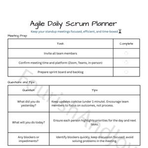 May include: White Agile Daily Scrum Planner with black text. The planner includes sections for meeting prep, tasks, questions, and tips. The text includes "Invite all team members" and "What did you do yesterday?"