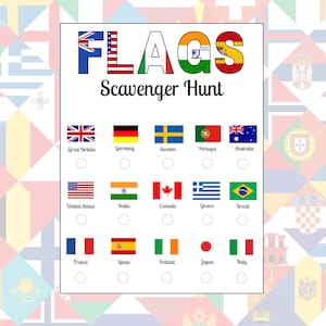 May include: A white sheet with the word "FLAGS" in colorful letters and the words "Scavenger Hunt" below. It features flags of Great Britain, Germany, Sweden, Portugal, Australia, United States, India, Canada, Greece, Brazil, France, Spain, Ireland, Japan, and Italy.