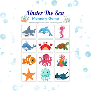 May include: An Under The Sea Memory Game printable sheet featuring twelve colorful illustrations of marine life including a shark, dolphin, seahorse, whale, crab, turtle, clownfish, octopus, coral, starfish, jellyfish, and a stingray.