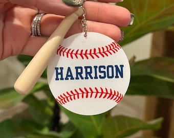 Personalized Baseball Keychain with Mini Bat | Custom Name and # Baseball Player Gift | Little League Team Gift | Baseball Party Favor