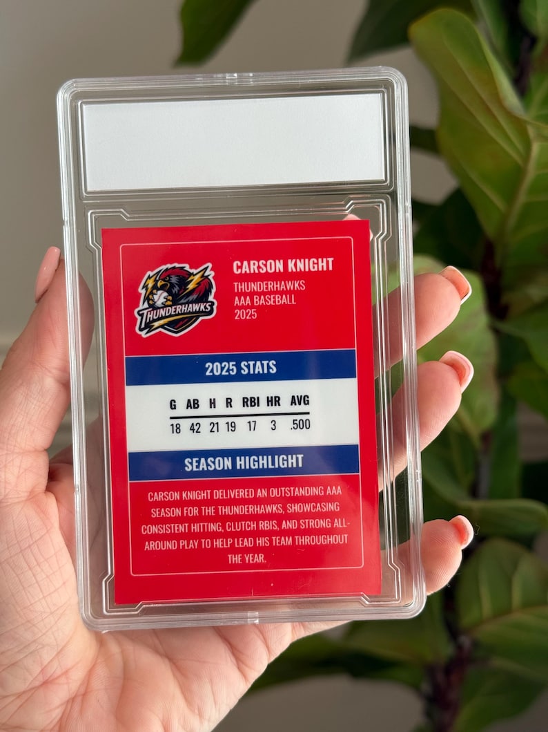 May include: A baseball card encased in a clear plastic holder. The card features the name "Carson Knight" and "Thunderhawks AAA Baseball 2025." Stats include G, AB, H, R, RBI, HR, AVG. The card highlights Knight's outstanding season.