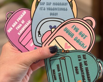 Backpack Valentines Clip Cards– Personalized Classroom Valentines – Keychain Valentine Cards – No Candy Allergy Friendly