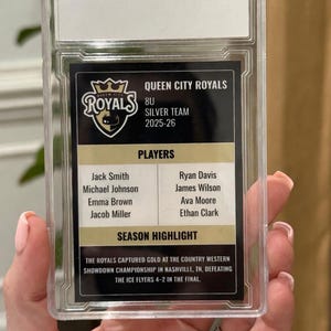 May include: A Queen City Royals hockey card encased in a clear protective holder. The card features the team logo, player names, and season highlights, including their championship win in Nashville, TN.