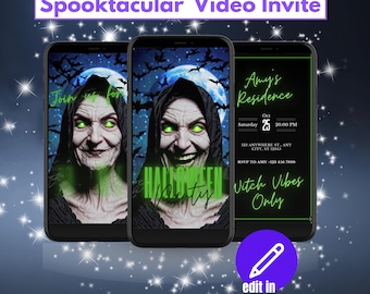 Plantilla de invitación de video de bruja espeluznante: invitación de video para fiesta de Halloween / Descarga digital editable en MP4 y Canva