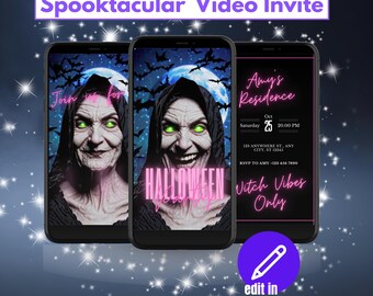 Plantilla de invitación de video de bruja espeluznante: invitación de video para fiesta de Halloween / Descarga digital editable en MP4 y Canva