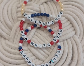 America Bracelets | Red White Blue Beaded Jewelry | “Cheers to 250” “Red White Boom” “Happy Birthday USA” | Patriotic Bracelets