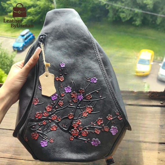 Floral Geniune Leather Chest Bags, Vintage Embossed Shoulder Bags, Handmade Elegant Travel Backpacks, Versatile Adjustable Strap Sling Bags